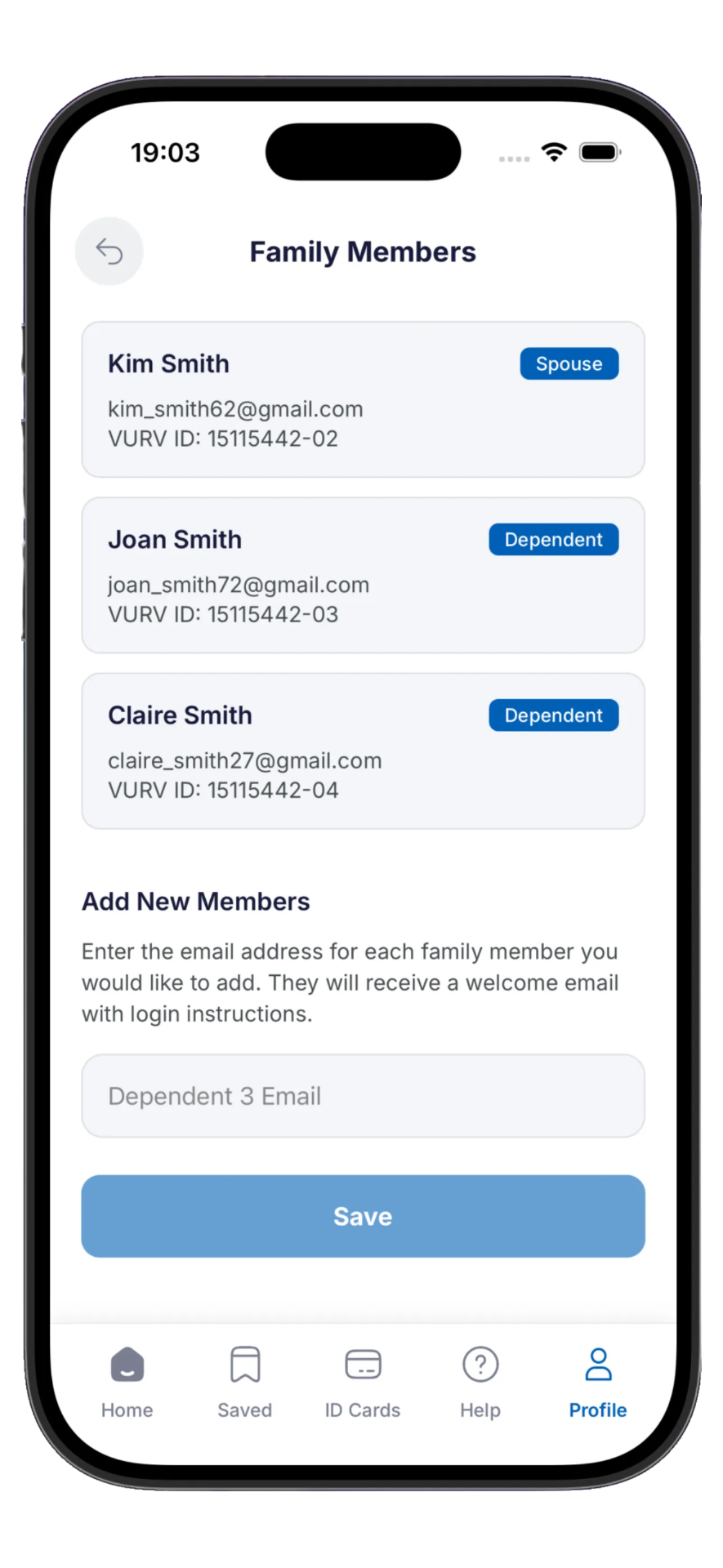 Cover your whole family — VURV Health app screen